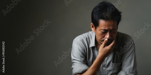 Cream background sad Asian man. Portrait of older mid-aged person beautiful bad mood expression boy Isolated on Background depression anxiety fear 