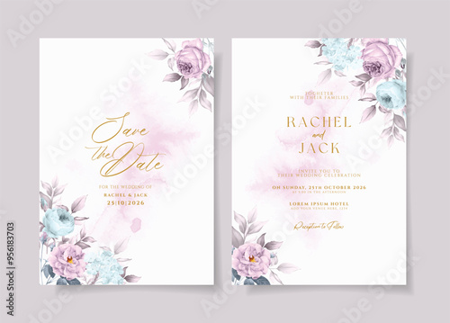 Watercolor wedding invitation template set with beautiful purple floral and leaves decoration