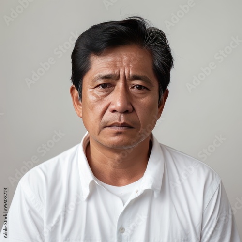 Cream background sad Asian man. Portrait of older mid-aged person beautiful bad mood expression boy Isolated on Background depression anxiety fear 