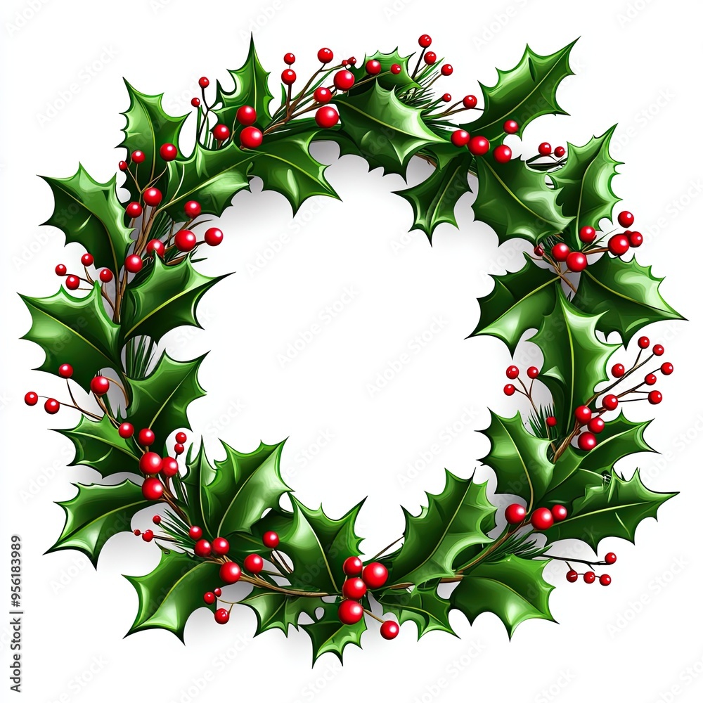 Naklejka premium Holly wreath with red berries illustration, Beautiful illustration of a festive holly wreath adorned with vibrant red berries, perfect for Christmas and holiday decoration themes. 
