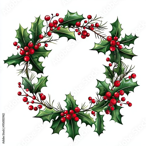 Holly wreath with red berries illustration, Beautiful illustration of a festive holly wreath adorned with vibrant red berries, perfect for Christmas and holiday decoration themes. 