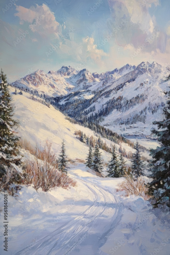 Oil painting depicting a picturesque mountain landscape featuring ski areas and tranquil outdoor trails Oil painting depicting a picturesque mountain landscape featuring ski areas and tranquil outdoor trails