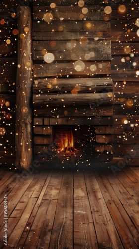 Wooden background with glitter effects and fireplace