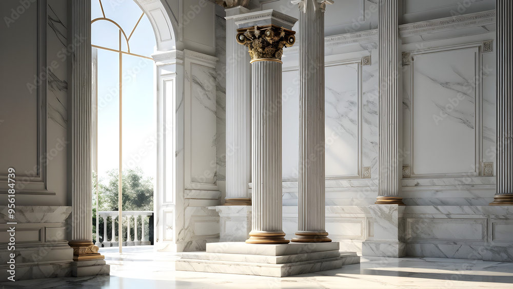 Room or hall interior with white stone ancient roman column arch entrance door and decorative vase. Realistic 3d vector illustration antique greek marble temple building inside . Room or hall interior with white stone ancient roman column arch entrance door and decorative vase. Realistic 3d vector illustration antique greek marble temple building inside .