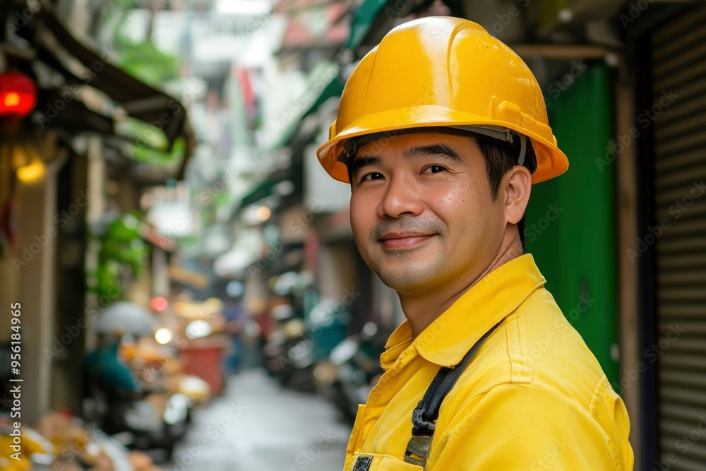 Smiling Construction Worker in Yellow Hardhat Smiling Construction Worker in Yellow Hardhat
