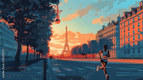 A marathoner running through the streets of Paris, with Parisian landmarks in the distance, illustrated in vibrant vector style.