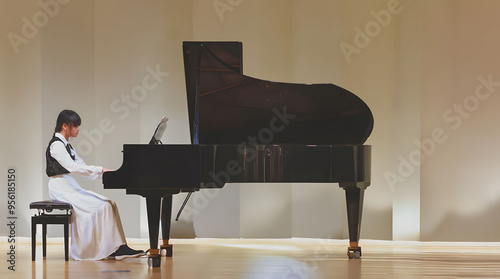 A woman is playing the grand piano in a concert hall. . The woman is wearing a white dress. isolated plain background. isolated plain background.