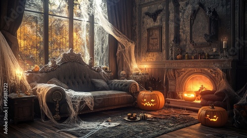 A Halloween-decorated living room with cobwebs, pumpkins, and eerie lighting