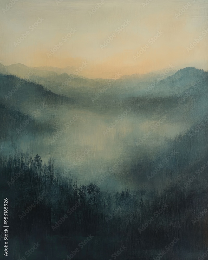 Oil painting depicting a foggy morning scene in mountainous terrain enveloped in mist Oil painting depicting a foggy morning scene in mountainous terrain enveloped in mist