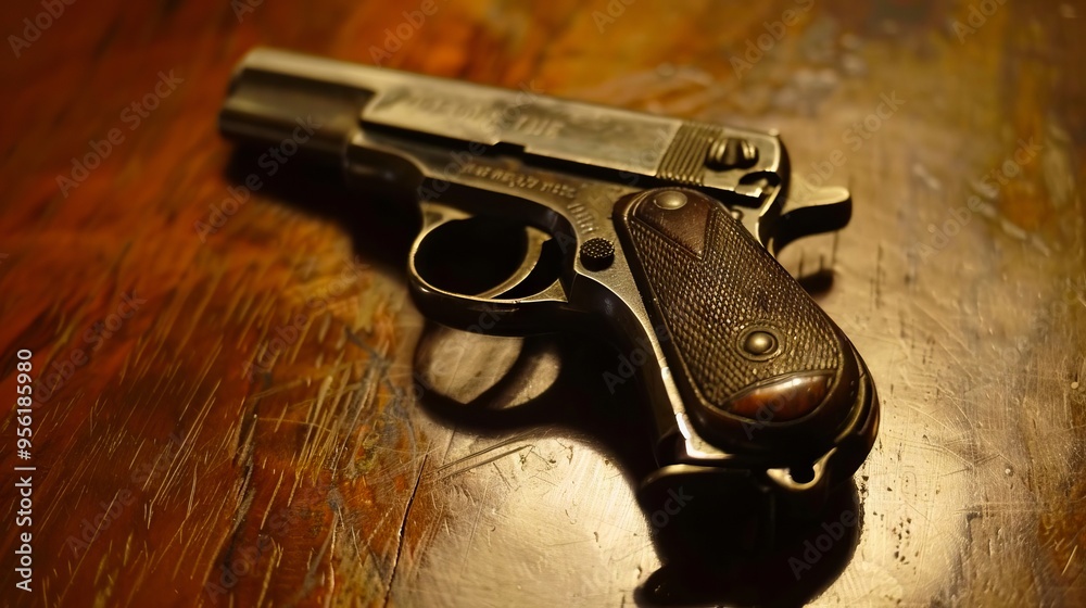 Obraz premium A handgun sitting on top of a wooden table