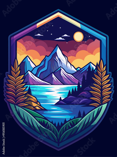 Mountainous Landscape with Lake and Sunset