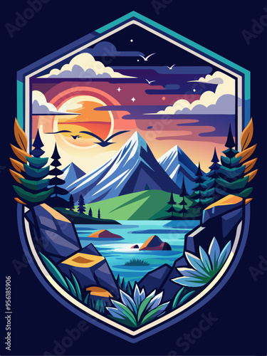 Sunset Over Mountains and Lake with Birds Flying