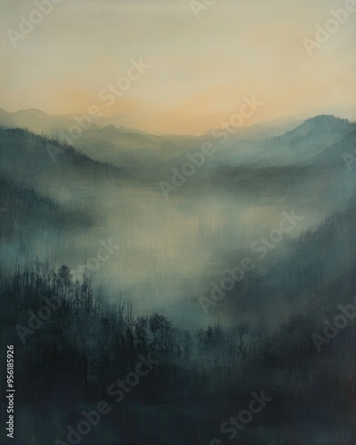 Oil painting depicting a foggy morning scene in mountainous terrain enveloped in mist