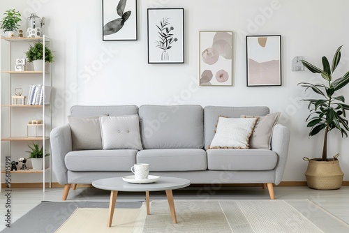 A contemporary living room with a grey sofa, shelving unit, coffee table, and wall art.