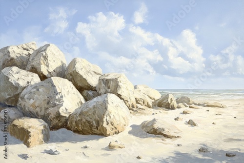 Oil painting depicting coastal rocks on a sandy shore