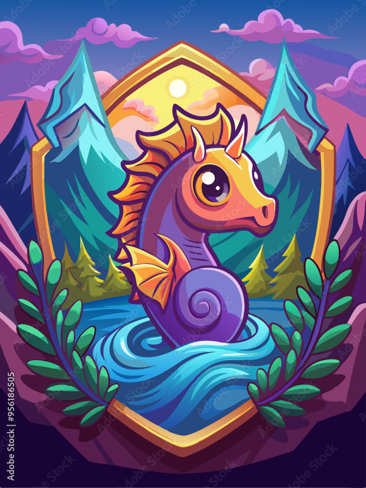 Fototapeta premium Cartoon Sea Horse in a Mountainous Landscape