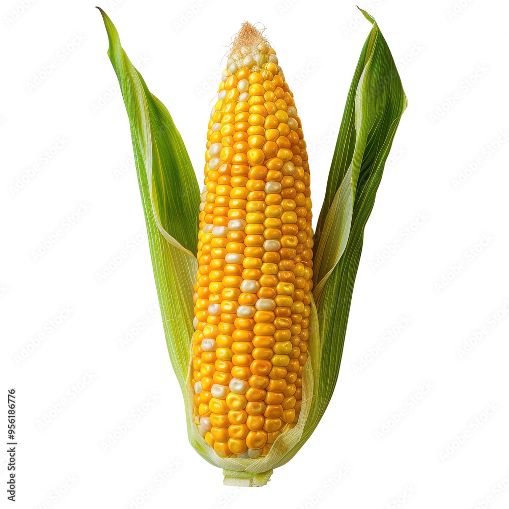 Obraz premium Fresh yellow corn ear with vibrant kernels and green husk, perfect for culinary uses and farm-related themes.