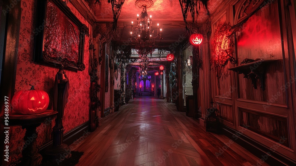 A hallway lined with Halloween decorations, leading to a spooky-themed room. A hallway lined with Halloween decorations, leading to a spooky-themed room.