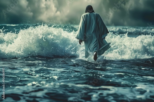 A solitary figure walks across the stormy sea, a testament to faith and divine power. photo