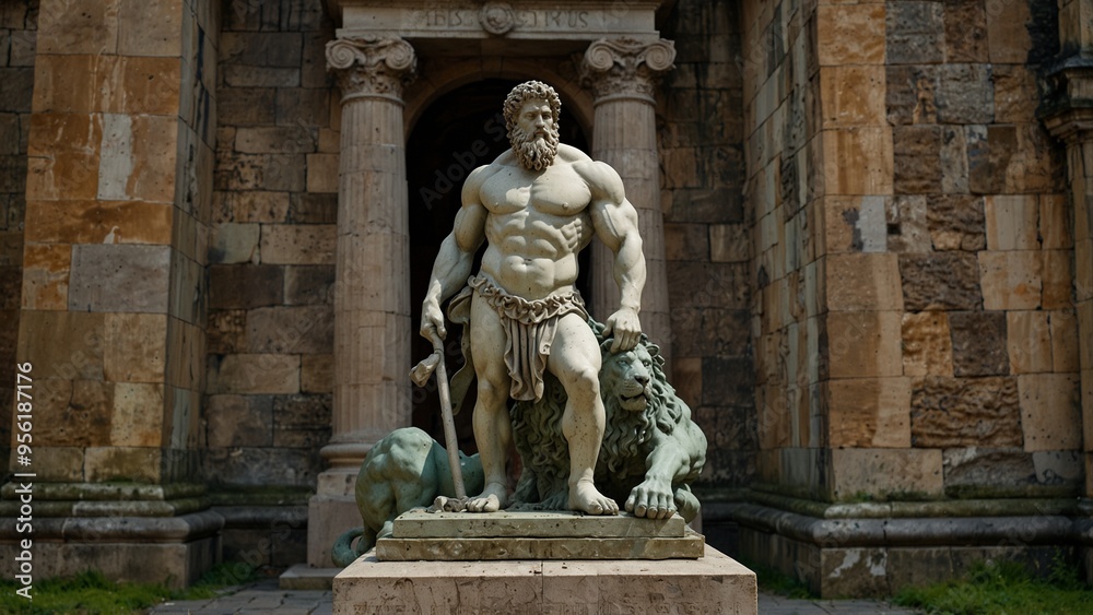 A statue of Hercules standing on a defeated lion, holding a large club, with a background of ancient walls covered in moss. A statue of Hercules standing on a defeated lion, holding a large club, with a background of ancient walls covered in moss.
