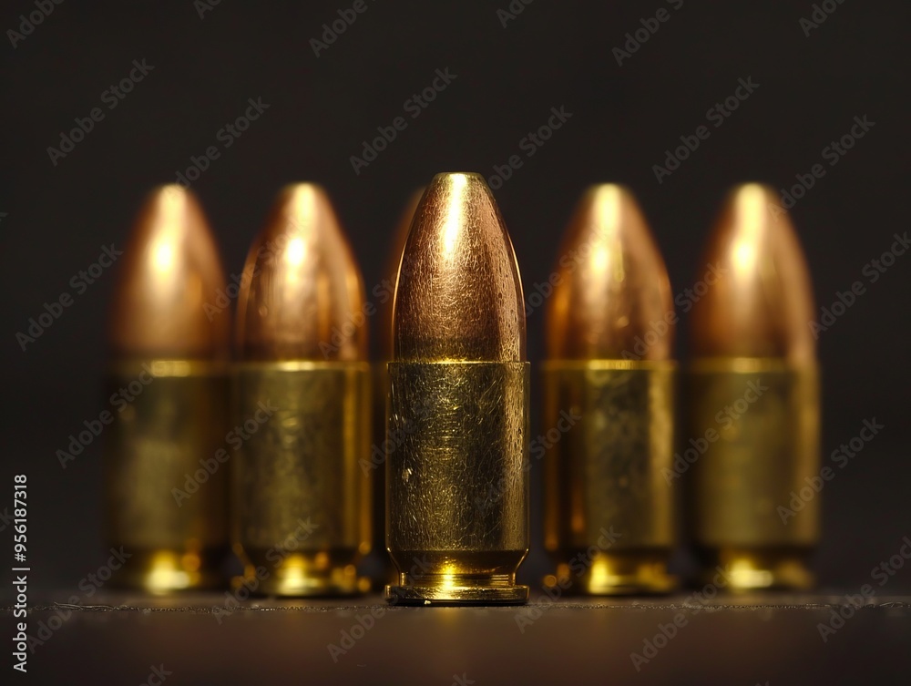 A row of bullets lined up in a row on a table A row of bullets lined up in a row on a table