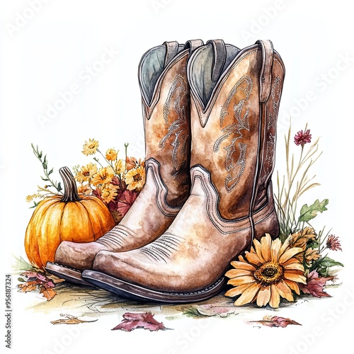 Rustic cowboy boots with pumpkins and autumn leaves, Charming autumn-themed illustration featuring cowboy boots surrounded by pumpkins, leaves, and seasonal flowers, capturing a rustic fall aesthetic
