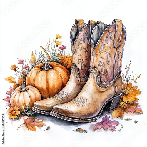 Rustic cowboy boots with pumpkins and autumn leaves, Charming autumn-themed illustration featuring cowboy boots surrounded by pumpkins, leaves, and seasonal flowers, capturing a rustic fall aesthetic
