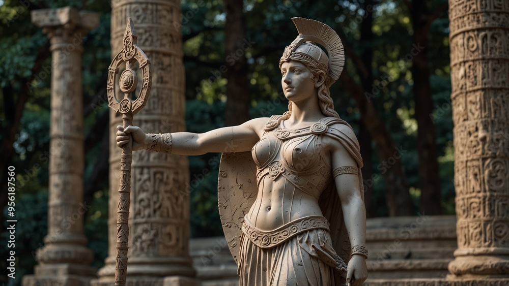 A stone statue of Athena holding a shield and spear, with intricate lifelike details, set against the backdrop of an ancient temple surrounded by dense trees. A stone statue of Athena holding a shield and spear, with intricate lifelike details, set against the backdrop of an ancient temple surrounded by dense trees.