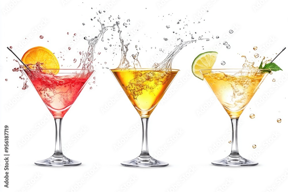 Three cocktails in martini glass for bar menu. Three cocktails in martini glass for bar menu.