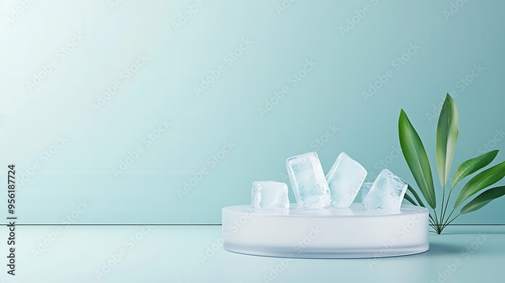 3d Mock up Frosted glass podium with ice cubes and cool mist Pedestal stage for beverage product presentation Refreshing scene for advertising Sale promotion background