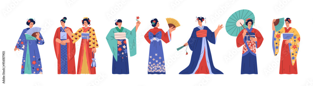 Variety of Japanese women in flat style wearing kimono. Variety of Japanese women in flat style wearing kimono.