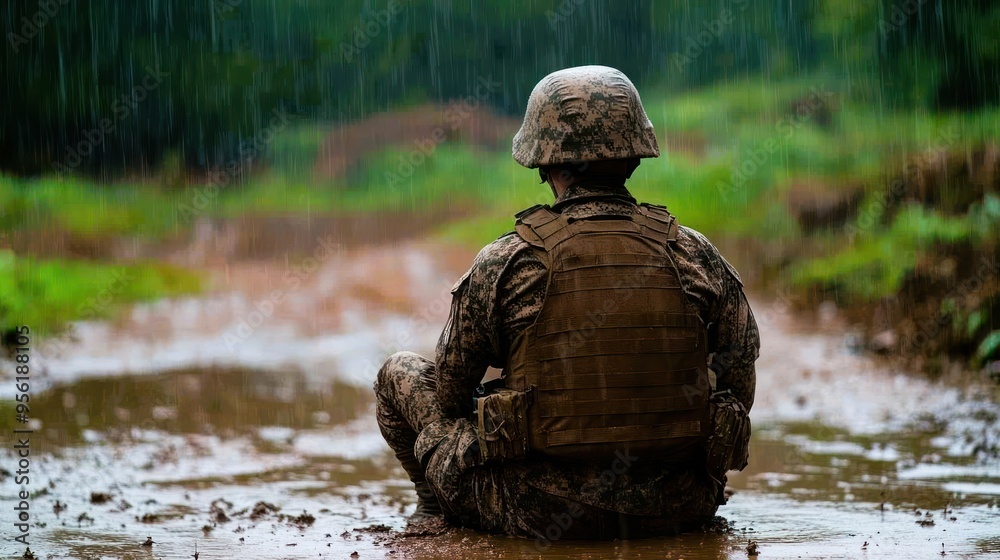 Naklejka premium Soldier in Rain.