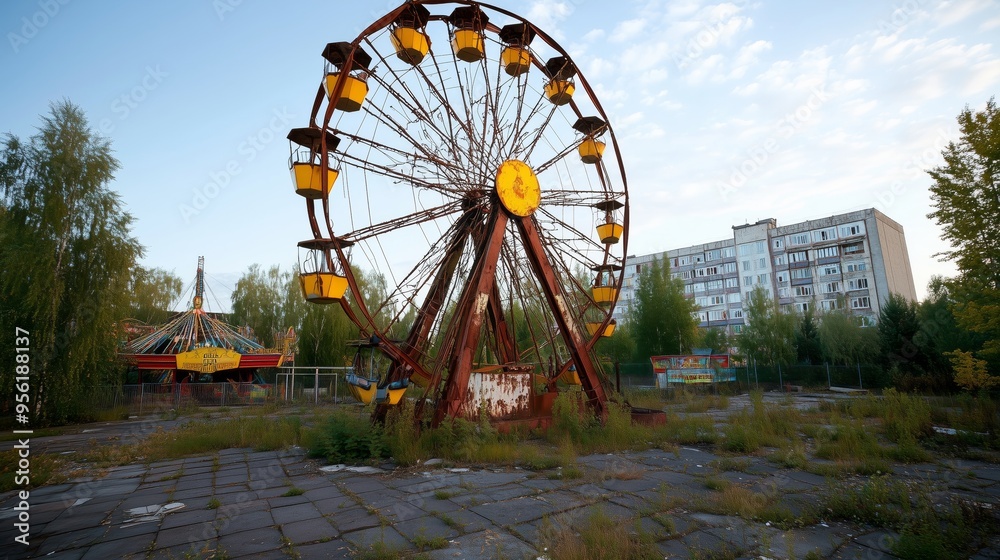 Rusty Ferris wheel in overgrown abandoned amusement park, showcasing decay and forgotten memories. Urban exploration concept. Rusty Ferris wheel in overgrown abandoned amusement park, showcasing decay and forgotten memories. Urban exploration concept.