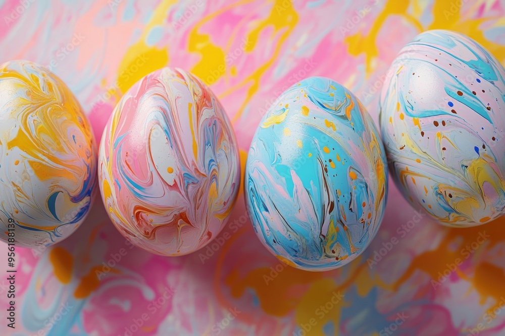 Fototapeta premium Hand painted Easter eggs on colorful pastel background.