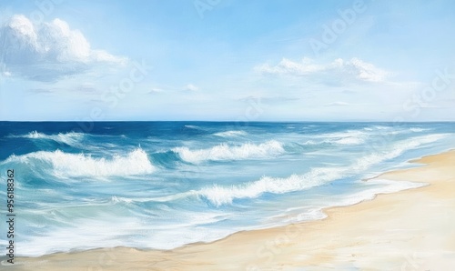 Oil painting depicting a serene beach scene featuring gentle waves and sandy shores under a clear sky