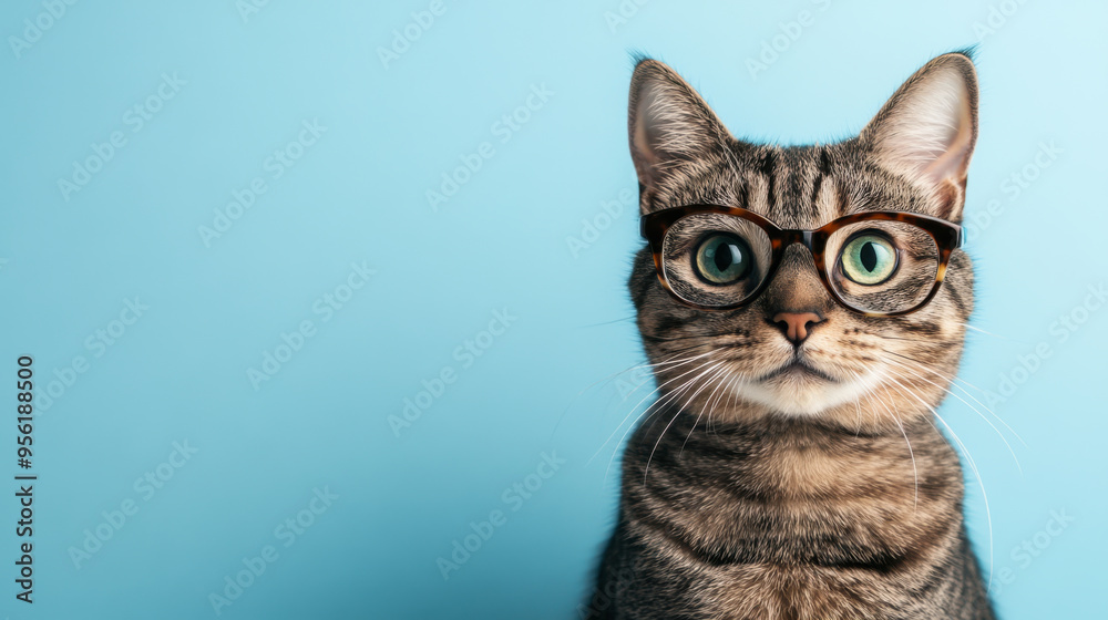 A curious tabby cat wearing black glasses poses against a bright blue background, showcasing its playful personality and alert expression A curious tabby cat wearing black glasses poses against a bright blue background, showcasing its playful personality and alert expression