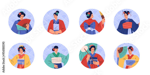 Japanese kimono women set vector illustration