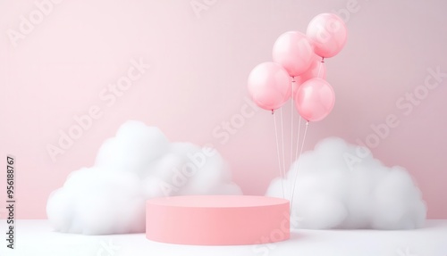 3d Mock up Pink pastel podium with soft clouds and balloon elements Pedestal stage for baby product presentation Dreamy scene for advertising Sale promotion background