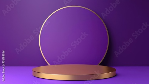 3d Mock up Royal purple podium with gold trim and royal insignia Pedestal stage for premium product presentation Regal scene for advertising Sale promotion background