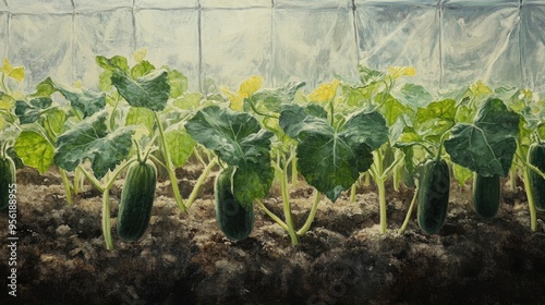 Fototapeta Naklejka Na Ścianę i Meble -  Oil painting depicting cucumber plants thriving in a greenhouse environment highlighting the art of cultivation