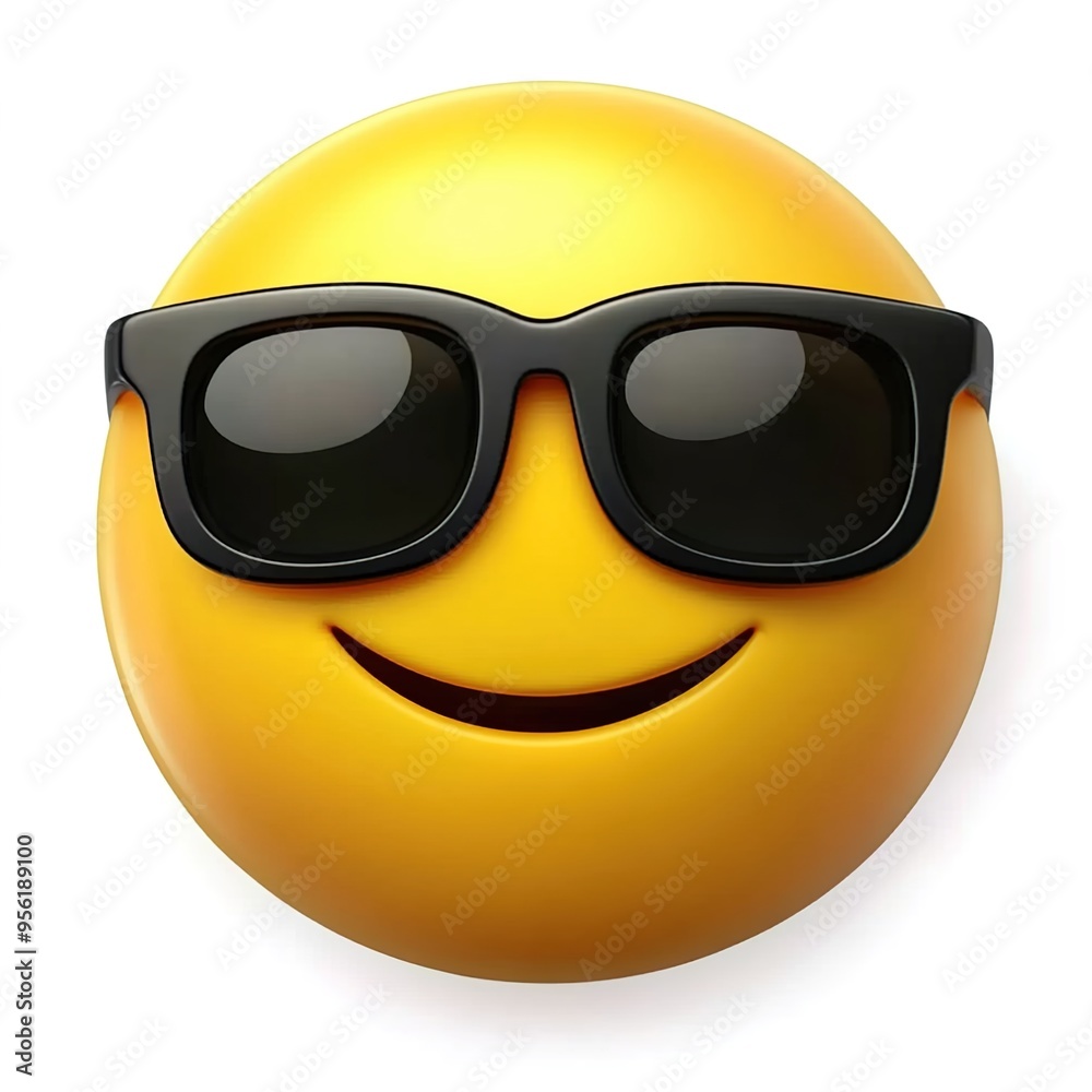 An emoji of an all-yellow smiley face wearing sunglasses, on a white background An emoji of an all-yellow smiley face wearing sunglasses, on a white background