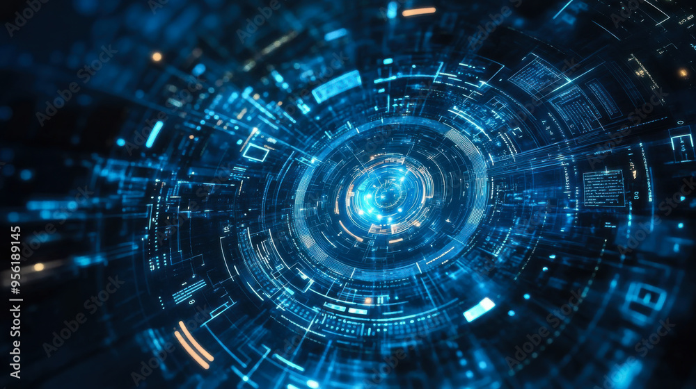 Fototapeta premium A glowing blue digital pattern with circular design elements radiating light in a deep space background, representing modern technology concepts