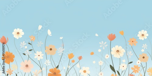 Cute cartoon flower border in blue on a light background vector clean card wedding feminine blank center space