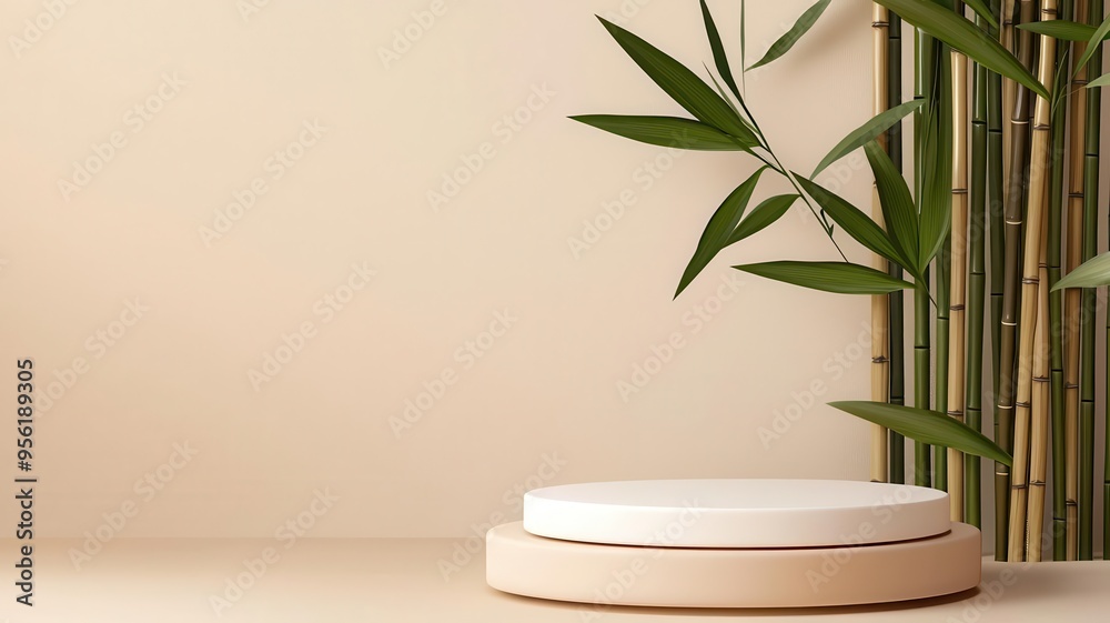 3d Mock up Soft beige podium with bamboo elements and zen garden theme Pedestal stage for wellness product presentation Tranquil scene for advertising Sale promotion background 3d Mock up Soft beige podium with bamboo elements and zen garden theme Pedestal stage for wellness product presentation Tranquil scene for advertising Sale promotion background
