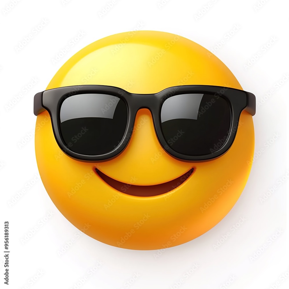 An emoji of an all-yellow smiley face wearing sunglasses, on a white background An emoji of an all-yellow smiley face wearing sunglasses, on a white background