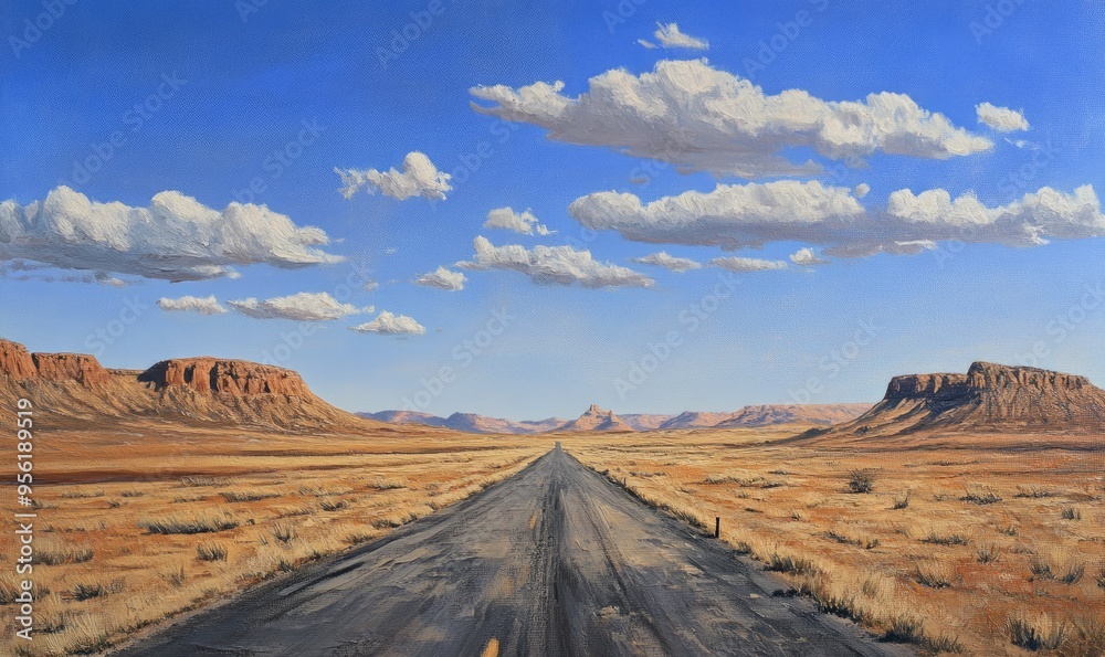 Naklejka premium Oil painting depicting a vast highway through a rugged and arid landscape showcasing unique natural features of a remote region