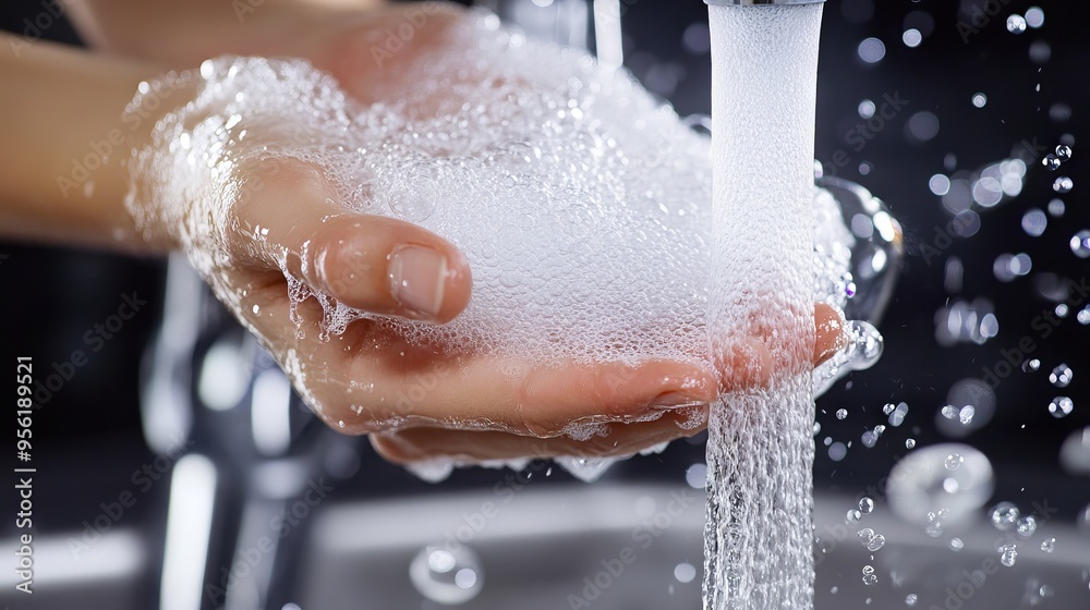 Fototapeta premium A person washing their hands under a faucet with soap bubbles