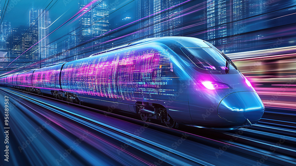 Naklejka premium A high-speed train with digital data flowing through it, a futuristic cityscape in the background