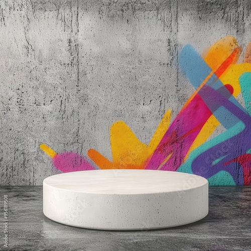 3d Mock up Textured concrete podium with graffiti art and urban street elements Pedestal stage for streetwear product presentation Edgy scene for advertising Sale promotion backgro