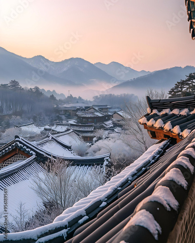 Sunrise at a traditional Korean hanok with mountains in the background. Generating AI